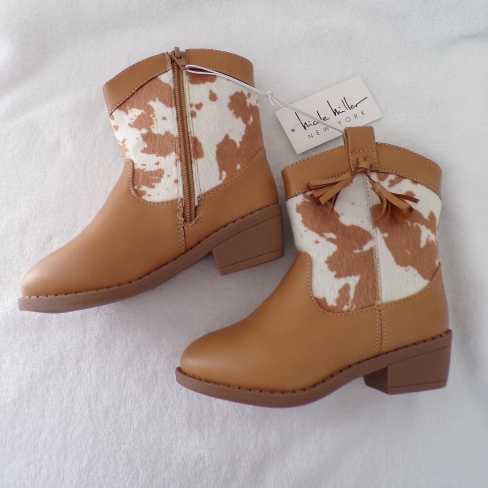 Faux Fur Cow Print Tassel Detail Western Cowgirl Boots Toddler Nicole Miller NWT